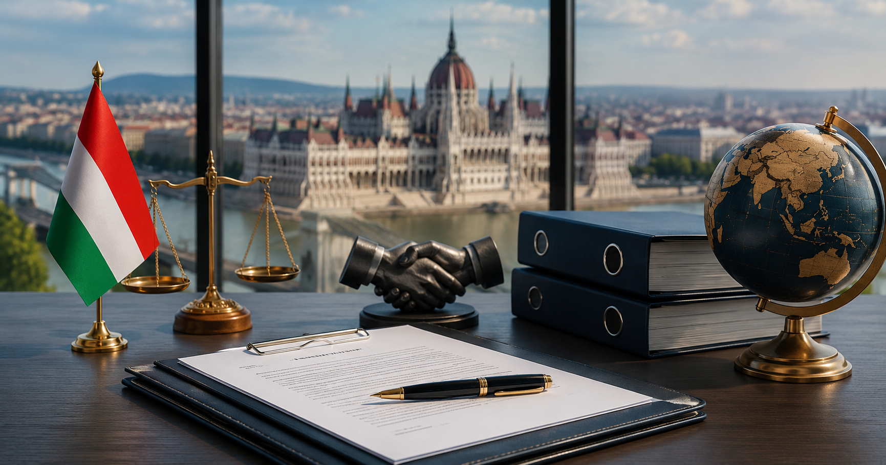Macaristan'da distribütörlük ve bayilik sözleşmelerini temsil eden ticari anlaşma belgeleri, tokalaşma figürü, hukuk dosyaları, adalet terazisi ve Budapeşte Parlamento Binası manzarası.