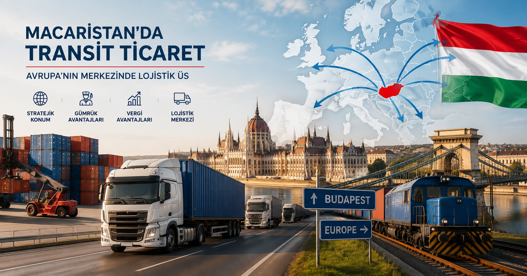 Macaristan'ın Avrupa lojistik merkezi konumunu temsil eden konteyner terminali, yük trenleri, tır taşımacılığı, Budapeşte Parlamento Binası ve Avrupa dağıtım ağını gösteren ticaret rotaları.