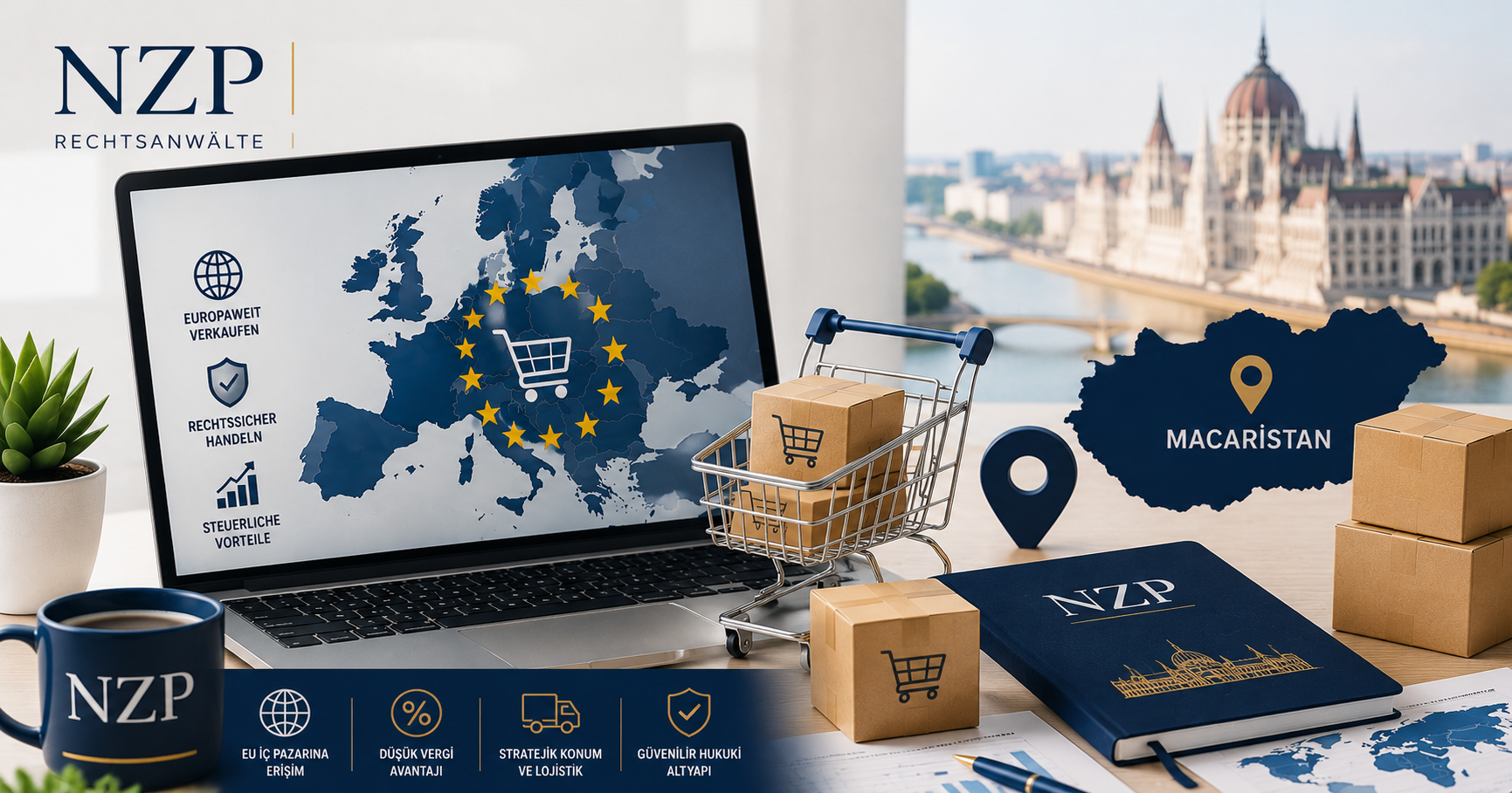 Macaristan online satış faaliyetlerini, Avrupa Birliği pazarına erişimi, e-ticaret şirketi kuruluşunu, lojistik altyapısını ve uluslararası ticareti temsil eden NZP temalı görsel.