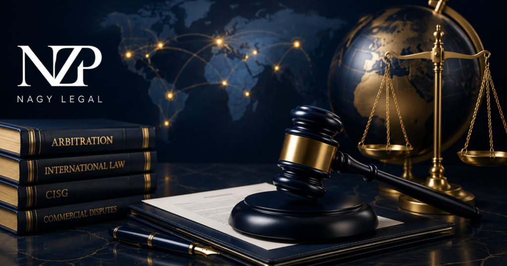 Uluslararası tahkim ve ticari uyuşmazlık çözümünü temsil eden NZP Nagy Legal kurumsal görseli. ICC, LCIA, VIAC, DIAC ve uluslararası tahkim süreçlerine yönelik hukuki danışmanlık teması.