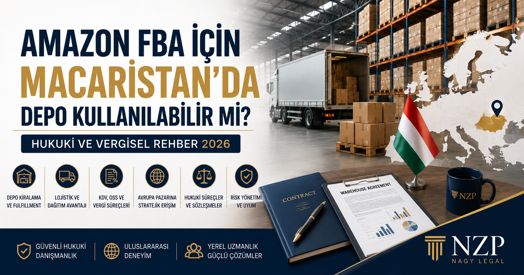 Amazon FBA Macaristan operasyonları için depo kiralama, fulfillment hizmetleri, lojistik, Avrupa Birliği pazarı ve hukuki süreçleri temsil eden NZP Nagy Legal temalı görsel.