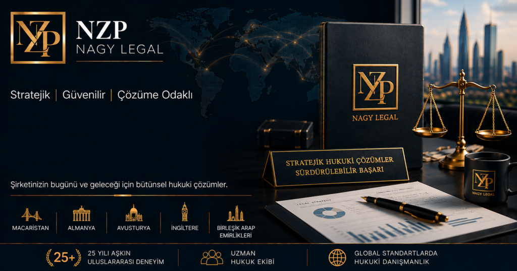 Kurumsal hukuki danışmanlık hizmetlerini temsil eden NZP Nagy Legal kurumsal görseli. Şirketler hukuku, dış hukuk müşavirliği, kurumsal yönetim, uluslararası ticaret ve yatırım hukuku alanlarında Türkçe hukuki danışmanlık teması.