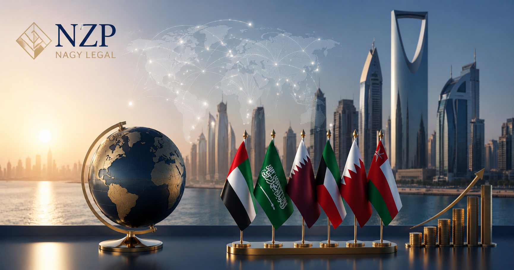 NZP NAGY LEGAL logosu ile Körfez ülkeleri yatırım temalı görsel, Dubai silüeti ve EU-GCC Business Forum 2017 etkinliğini temsil eden uluslararası ticaret konsepti