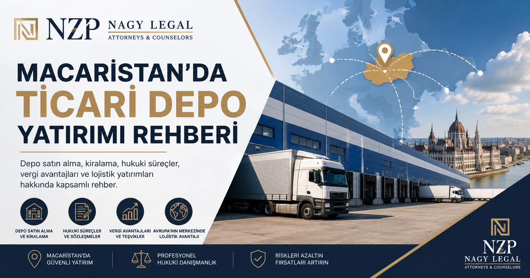 Macaristan ticari depo yatırımı için lojistik merkezi, ticari depo satın alma ve kiralama süreçlerini, Avrupa Birliği lojistik ağını ve NZP Nagy Legal'in hukuki danışmanlık hizmetlerini temsil eden görsel.