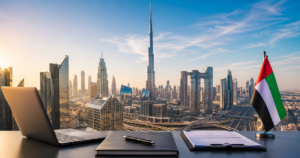 Dubai’de şirket kurmak isteyen yatırımcılar için Birleşik Arap Emirlikleri’nin ticaret merkezi Dubai şehir silüeti ve iş ortamı