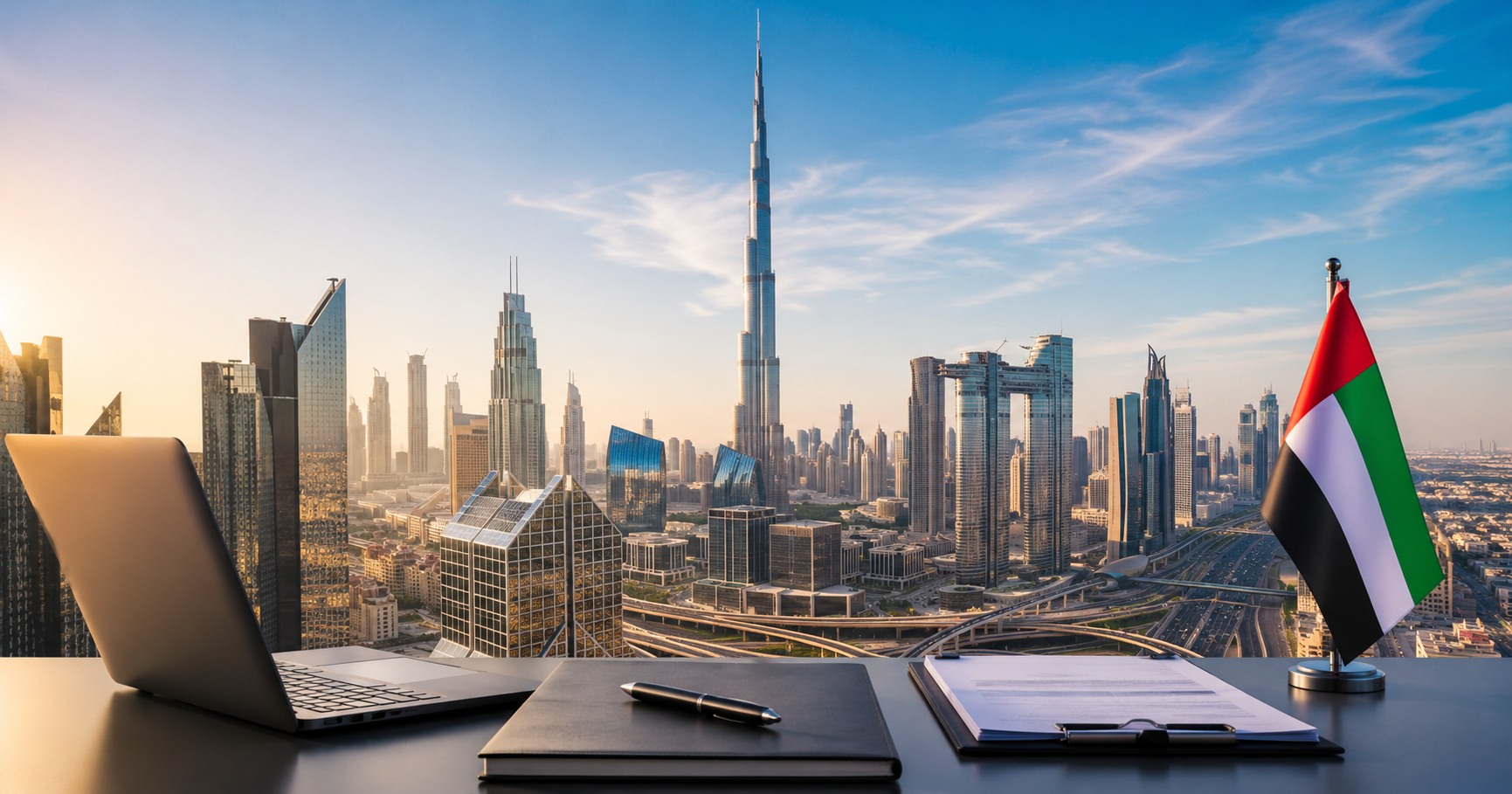 Dubai’de Şirket Kurmak | BAE Şirket Kuruluşu ve Yatırım Rehberi Dubai’de şirket kurmak isteyen yatırımcılar için Birleşik Arap Emirlikleri’nin ticaret merkezi Dubai şehir silüeti ve iş ortamı