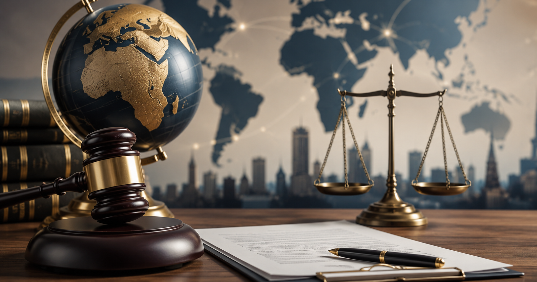 Uluslararası Alacak Tahsili ve Tahkim Kararlarının Tenfizi Uluslararası alacak tahsili ve tahkim kararlarının tenfizi süreçlerini temsil eden hukuk, tahkim ve uluslararası ticaret temalı görsel