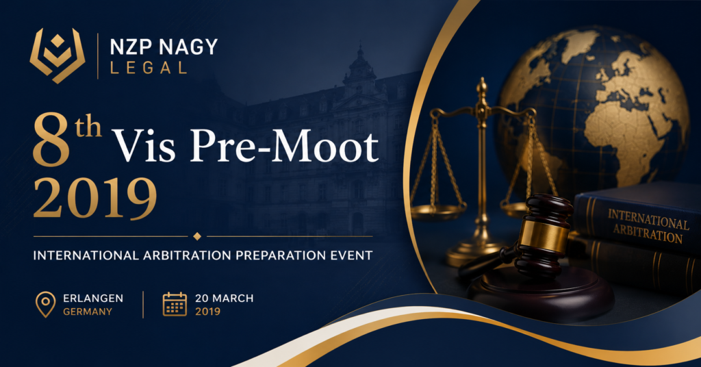 NZP NAGY LEGAL logosu ile 8th Vis Pre-Moot 2019 etkinliğini temsil eden görsel. Uluslararası ticari tahkim, hakemlik ve tahkim yargılaması temalı kurumsal tasarım.