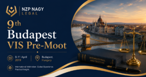 NZP NAGY LEGAL logosu ile 9th Budapest VIS Pre-Moot etkinliğini temsil eden görsel. Budapeşte, uluslararası ticari tahkim, hakemlik ve tahkim yargılaması temalı kurumsal tasarım.