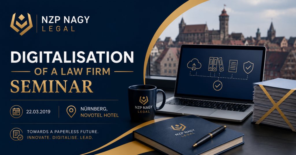 NZP NAGY LEGAL logosu ile Digitalisation of a Law Firm Seminar etkinliğini temsil eden görsel. Hukuk bürolarında dijitalleşme, kâğıtsız ofis ve dijital dönüşüm temalı kurumsal tasarım.