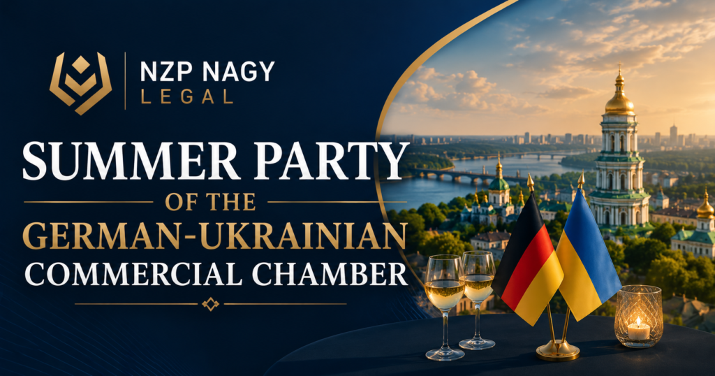 NZP NAGY LEGAL logosu ile Summer Party of the German-Ukrainian Commercial Chamber etkinliğini temsil eden görsel. Almanya ve Ukrayna iş dünyasını buluşturan uluslararası networking etkinliği temalı kurumsal tasarım.