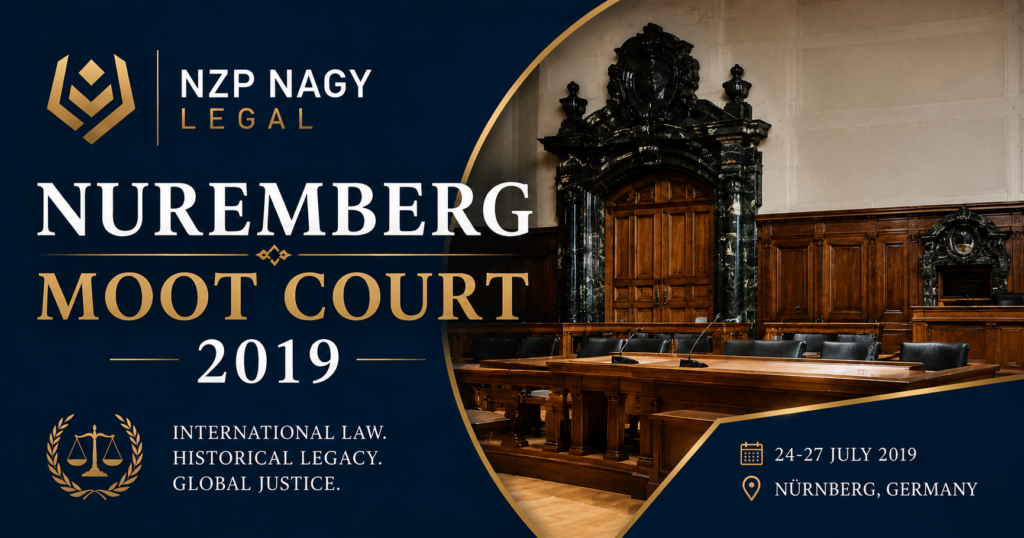 NZP NAGY LEGAL logosu ile Nuremberg Moot Court 2019 etkinliğini temsil eden görsel. Nürnberg Mahkemesi, uluslararası ceza hukuku ve moot court temalı kurumsal tasarım.