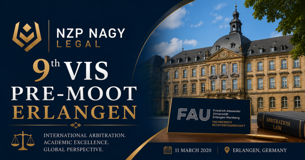 NZP NAGY LEGAL logosu ile 9th Vis Pre-Moot Erlangen etkinliğini temsil eden görsel. Uluslararası ticari tahkim, FAU Erlangen-Nürnberg ve moot court temalı kurumsal tasarım.