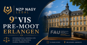 NZP NAGY LEGAL logosu ile 9th Vis Pre-Moot Erlangen etkinliğini temsil eden görsel. Uluslararası ticari tahkim, FAU Erlangen-Nürnberg ve moot court temalı kurumsal tasarım.