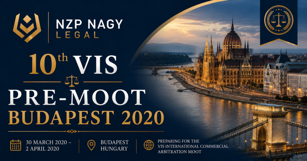 NZP NAGY LEGAL logosu ile 10th VIS Pre-Moot Budapest 2020 etkinliğini temsil eden görsel. Budapeşte, uluslararası ticari tahkim ve moot court temalı kurumsal tasarım.