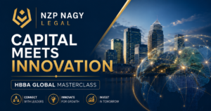 NZP NAGY LEGAL logosu ile Capital Meets Innovation | HBBA Global Masterclass etkinliğini temsil eden görsel. Londra, yatırım, inovasyon, uluslararası iş dünyası ve networking temalı kurumsal tasarım.
