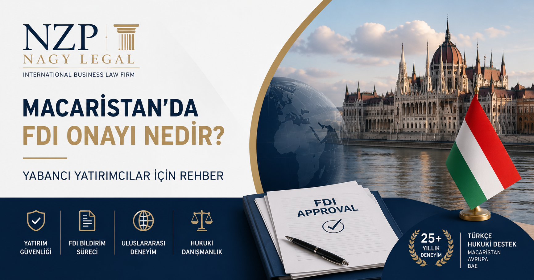 Macaristan FDI onayı sürecini, yabancı yatırım düzenlemelerini ve stratejik şirket yatırımlarını konu alan NZP Nagy Legal kurumsal görseli.