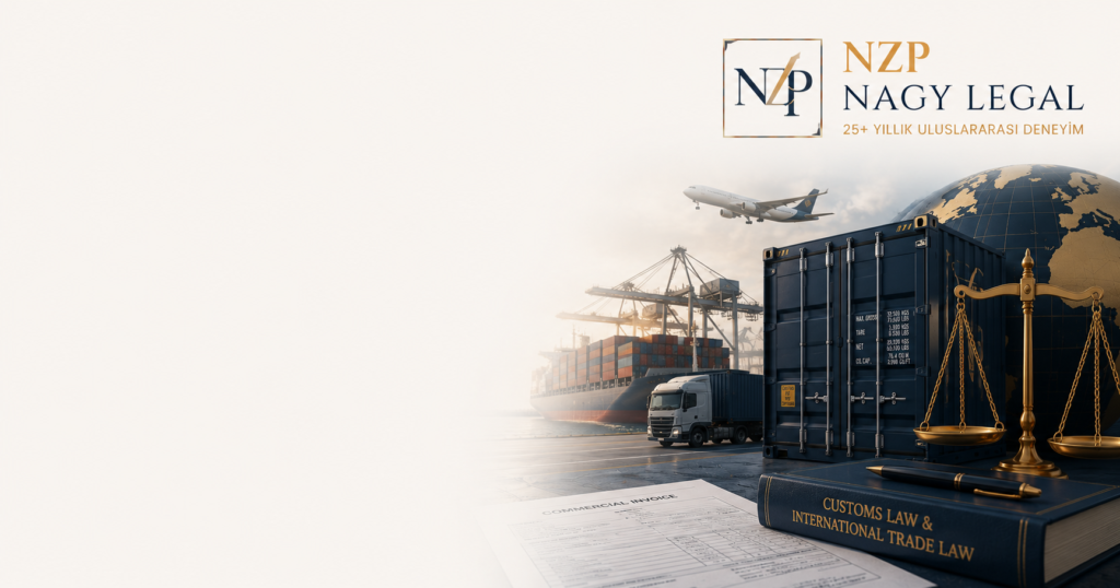 Gümrük ve Dış Ticaret Hukuku hizmetlerini temsil eden NZP Nagy Legal kurumsal görseli. Uluslararası ticaret, ithalat, ihracat, gümrük işlemleri, lojistik ve tedarik zinciri süreçlerinde Türkçe hukuki danışmanlık hizmeti sunulmaktadır.