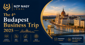 NZP NAGY LEGAL logosu ile The 4th Budapest Business Trip 2025 etkinliğini temsil eden görsel. Budapeşte'de düzenlenen uluslararası iş geliştirme, yatırım, B2B networking ve ticaret temalı kurumsal tasarım.