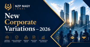NZP NAGY LEGAL logosu ile New Corporate Variations 2026 konferansını temsil eden görsel. Kurumsal yeniden yapılanma, şirketler hukuku, KOBİ'ler ve kurumsal dönüşüm temalı profesyonel tasarım.
