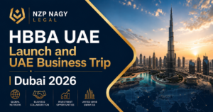 NZP NAGY LEGAL logosu ile HBBA UAE Launch and UAE Business Trip | Dubai 2026 etkinliğini temsil eden görsel. Dubai'de düzenlenen uluslararası iş geliştirme, yatırım ve networking temalı kurumsal tasarım.