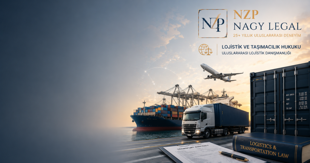 Lojistik ve Taşımacılık Hukuku hizmetlerini temsil eden NZP Nagy Legal kurumsal görseli. Uluslararası lojistik, kara, deniz, hava ve demiryolu taşımacılığı, tedarik zinciri yönetimi ve Türkçe hukuki danışmanlık hizmetleri.