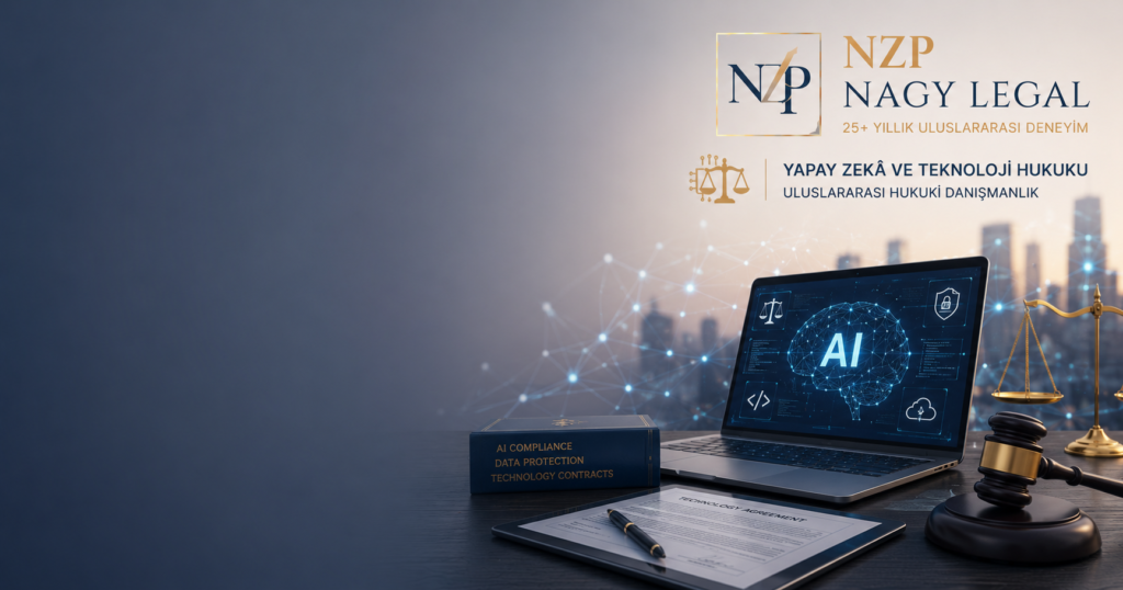 Yapay Zekâ ve Teknoloji Hukuku hizmetlerini temsil eden NZP Nagy Legal kurumsal görseli. Yapay zekâ, AI Act, teknoloji sözleşmeleri, yazılım, siber güvenlik, veri koruma ve Türkçe hukuki danışmanlık hizmetleri.