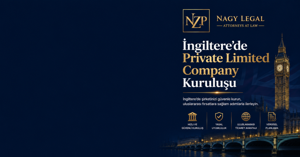NZP Nagy Legal logosunun yer aldığı lacivert ve altın renklerde kurumsal görsel. Sol taraf yazı yerleşimi için boş bırakılmış, sağ tarafta Big Ben ve Londra silüeti ile İngiltere'de Private Limited Company (Ltd) kuruluşunu temsil eden modern hukuk temalı tasarım bulunmaktadır.