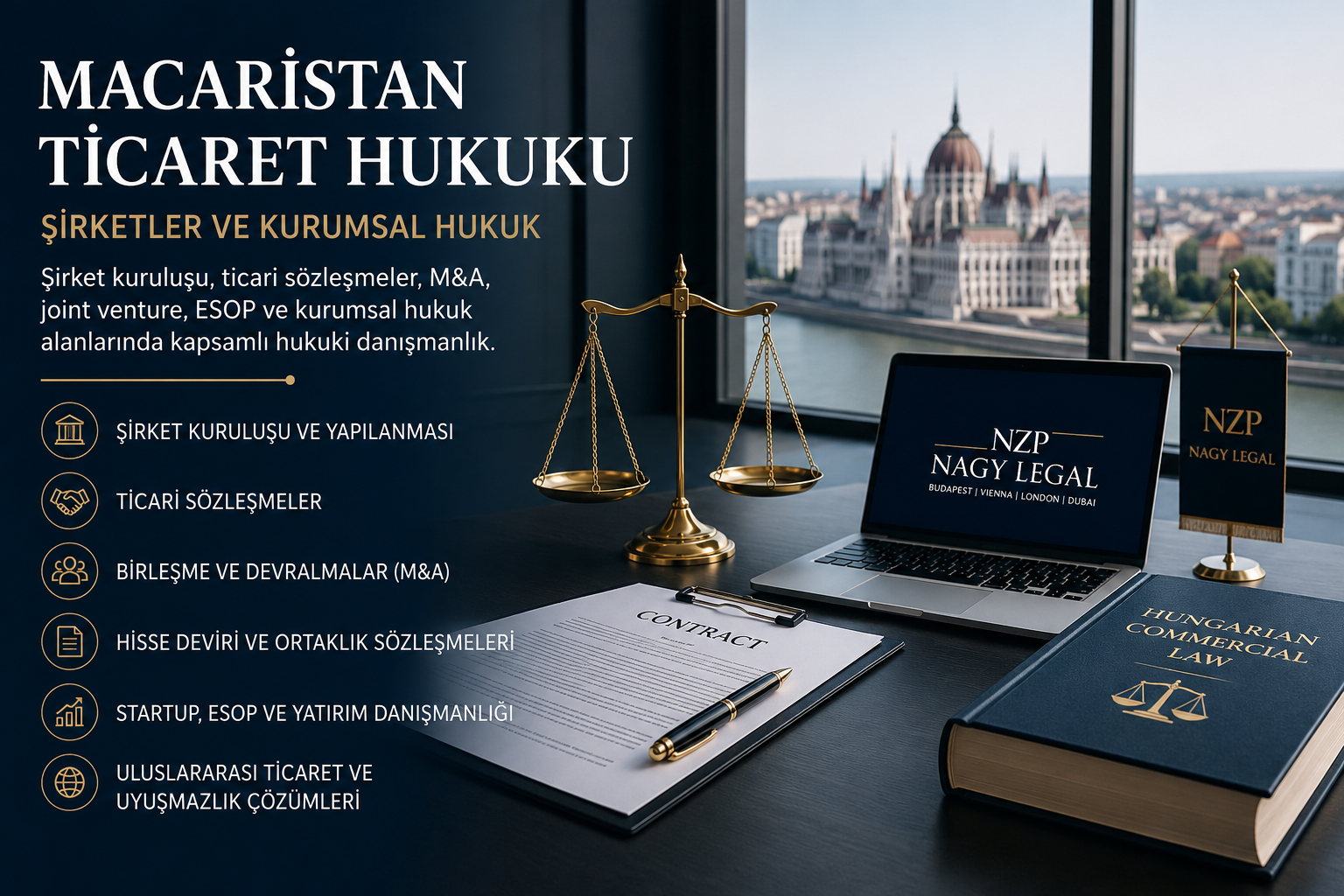 Macaristan ticaret hukuku kapsamında şirketler hukuku, ticari sözleşmeler, birleşme ve devralmalar (M&A) ile kurumsal hukuki danışmanlık hizmetleri sunan NZP Nagy Legal.