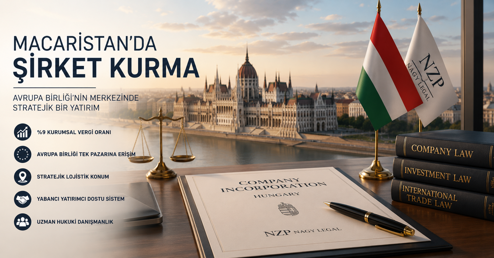 A cégalapítási folyamatot szimbolizáló budapesti Parlament-épület, jogi dokumentumok és befektetési tanácsadás koncepciója