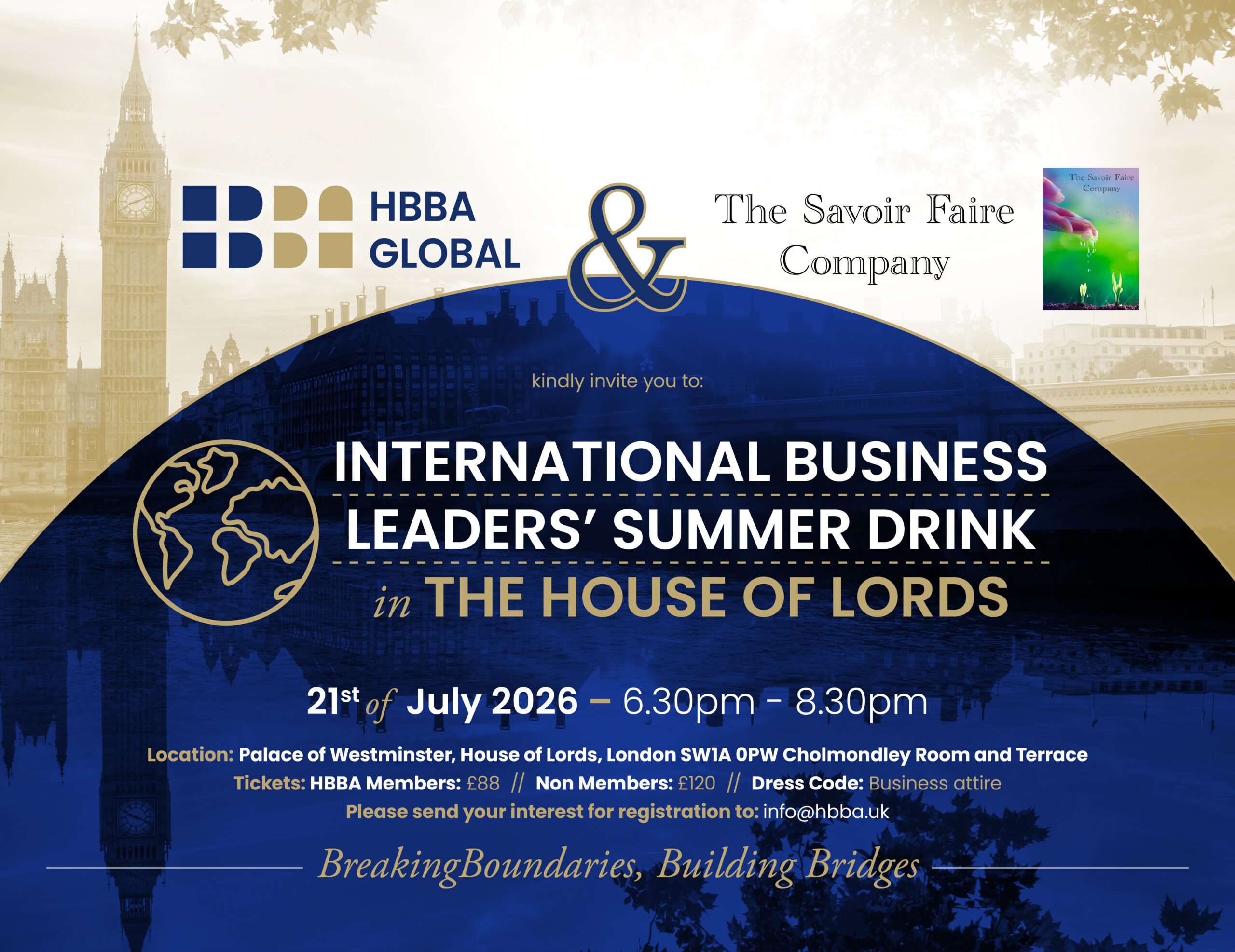 HBBA Global International Business Leaders' Summer Drink Reception 2026 etkinlik afişi. Londra'daki House of Lords'ta düzenlenen uluslararası iş liderleri networking etkinliğini tanıtan kurumsal görsel.