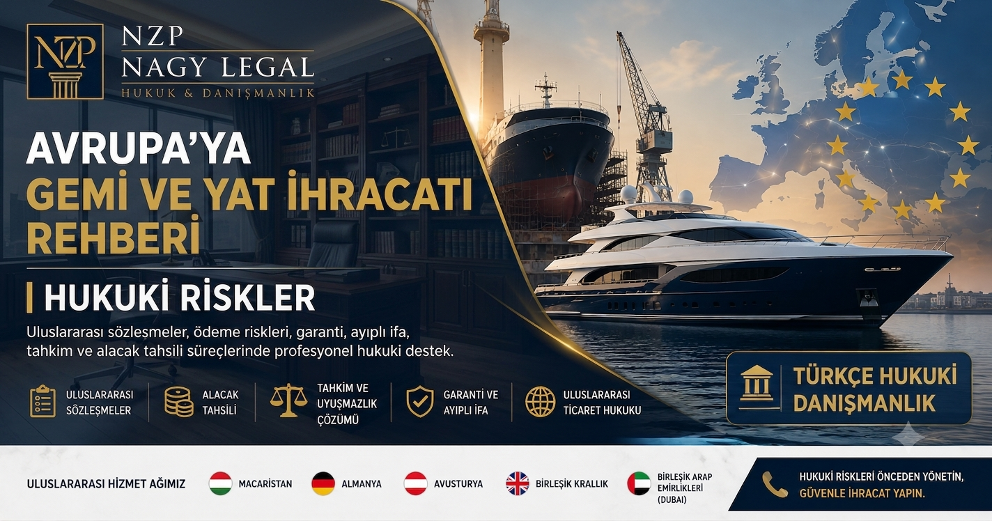NZP NAGY LEGAL kurumsal görseli. Avrupa'ya gemi ve yat ihracatında hukuki riskler, uluslararası ticaret hukuku, sözleşmeler, alacak tahsili ve tahkim konulu görsel.