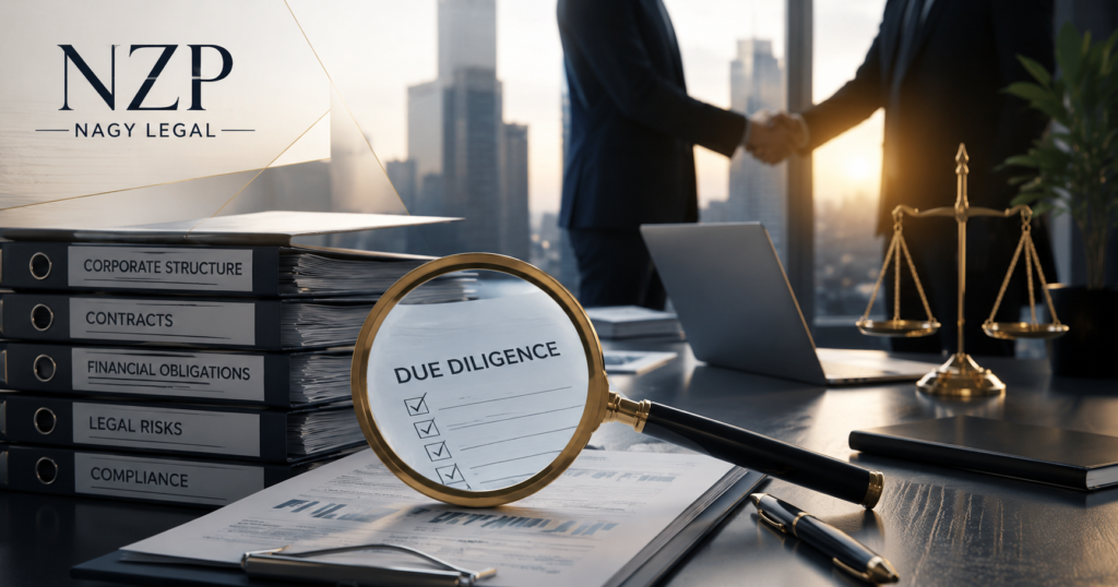 NZP Nagy Legal Legal Due Diligence hizmetini temsil eden kurumsal görsel; şirket belgeleri, sözleşmeler, hukuki risk incelemesi, büyüteç, adalet terazisi ve şirket satın alma işlemini simgeleyen el sıkışma.