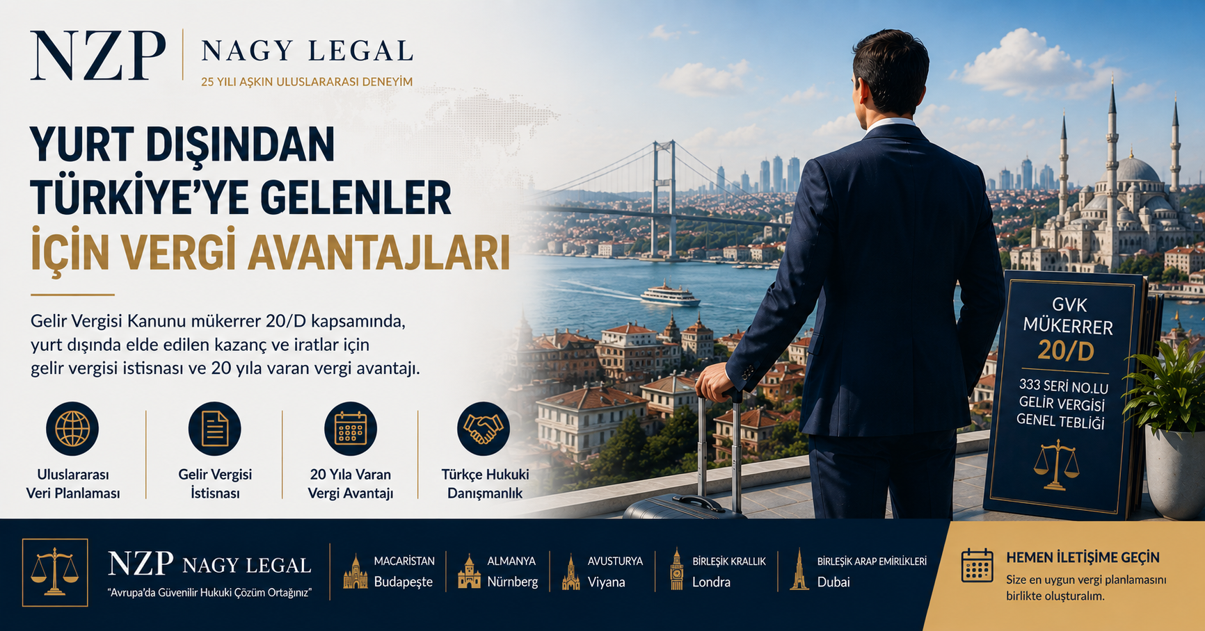 Yurt dışından Türkiye'ye gelen gerçek kişiler için vergi avantajları, Gelir Vergisi Kanunu mükerrer 20/D kapsamındaki gelir vergisi istisnası ve Türkçe hukuki danışmanlık hizmetlerini tanıtan NZP Nagy Legal kurumsal görseli. Arka planda İstanbul Boğazı ve şehir silueti yer almaktadır.