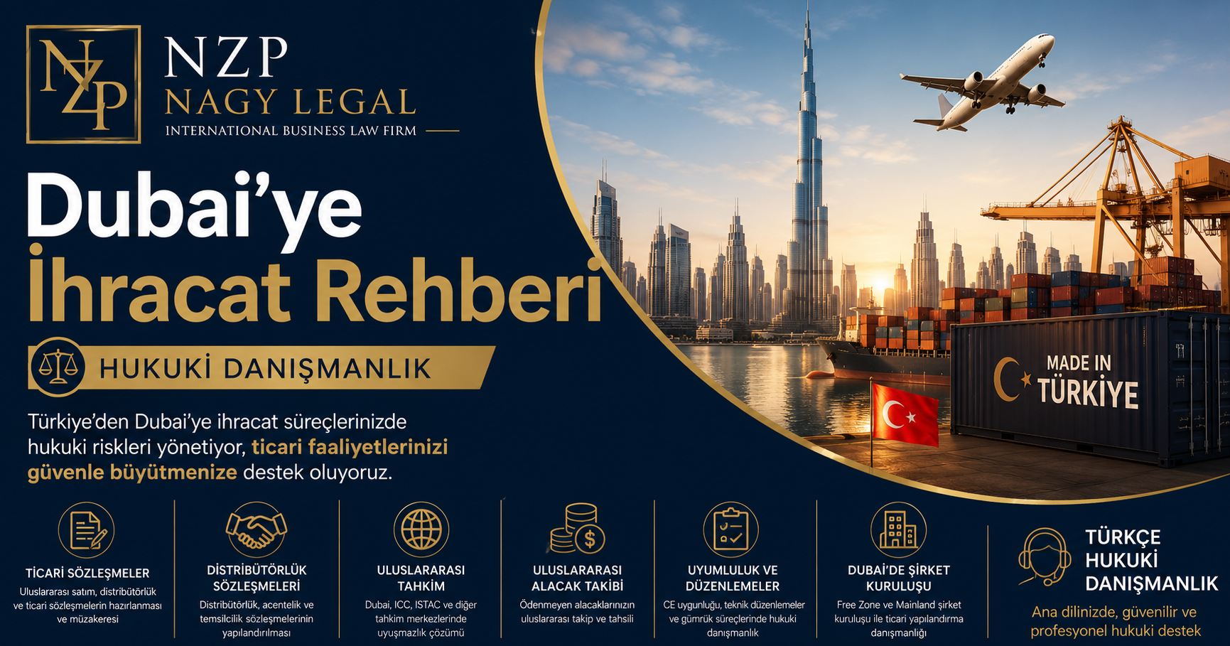 NZP Nagy Legal tarafından hazırlanan Dubai'ye İhracat Rehberi konulu kurumsal görsel. Dubai limanı, konteyner taşımacılığı, Burj Khalifa ve hava kargo görselleri eşliğinde uluslararası ticaret hukuku, ticari sözleşmeler, distribütörlük sözleşmeleri, uluslararası tahkim, uluslararası alacak takibi ve Türkçe hukuki danışmanlık hizmetleri tanıtılmaktadır.