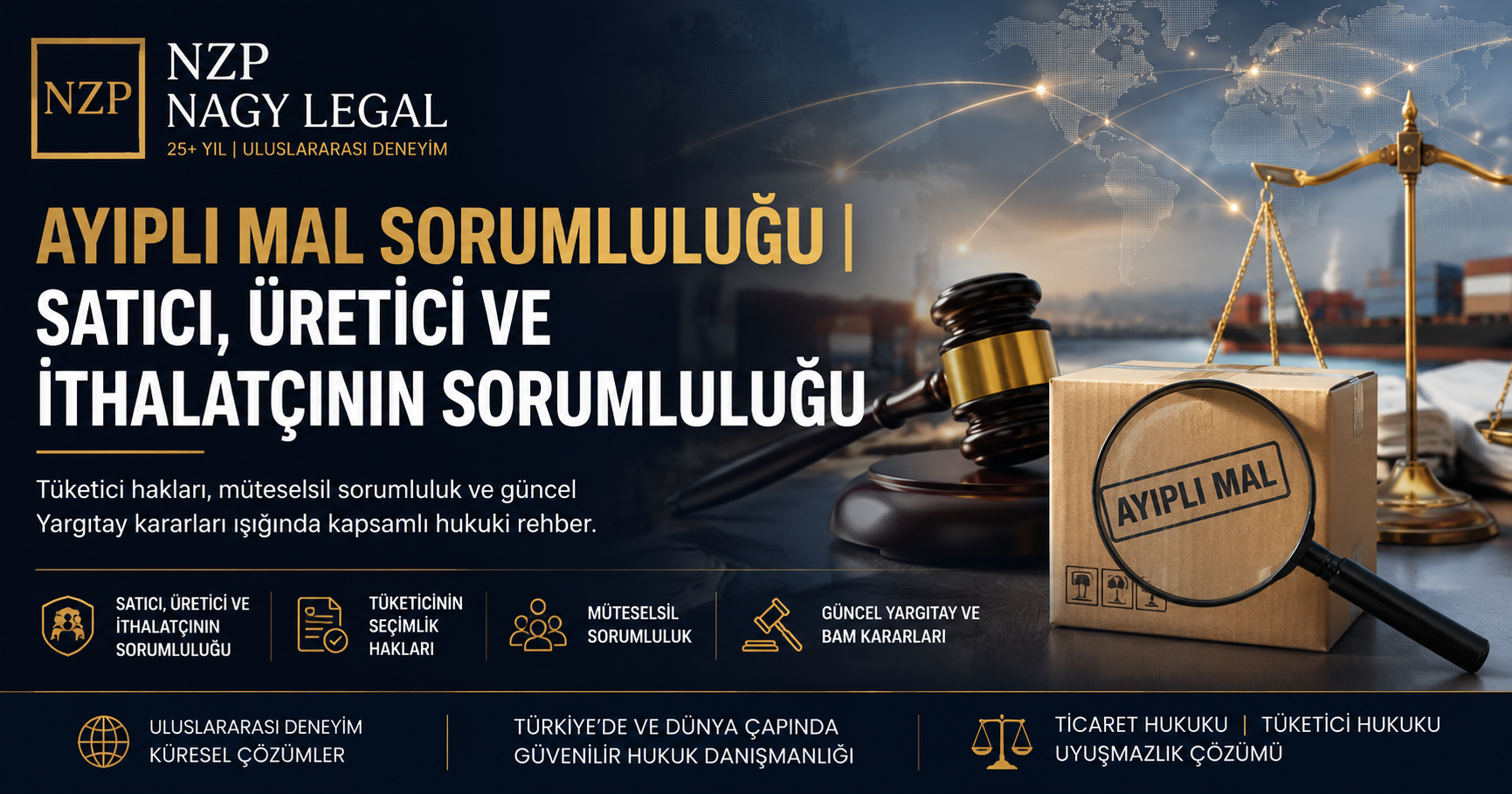 NZP Nagy Legal tarafından hazırlanan "Ayıplı Mal Sorumluluğu | Satıcı, Üretici ve İthalatçının Sorumluluğu" konulu kurumsal görsel. Görselde ayıplı mal, satıcı, üretici ve ithalatçının sorumluluğu, tüketicinin seçimlik hakları, müteselsil sorumluluk ve güncel Yargıtay kararlarına ilişkin hukuki danışmanlık hizmetleri vurgulanmaktadır.