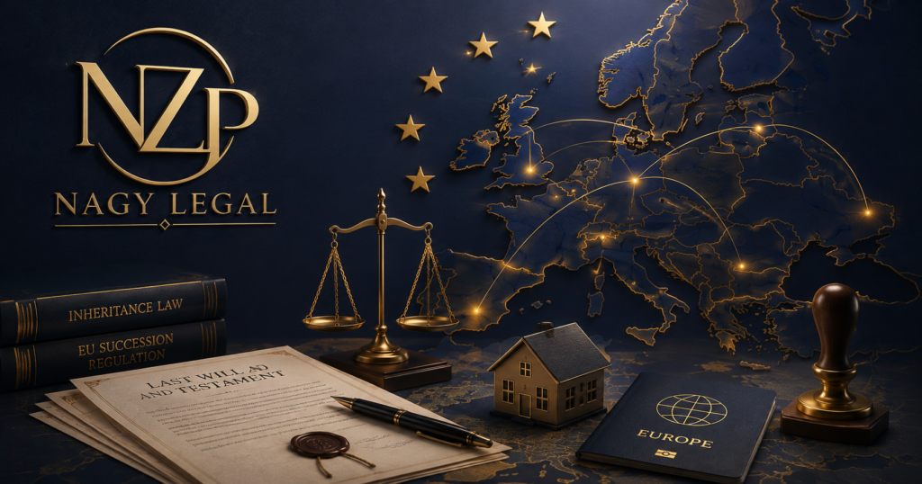 NZP Nagy Legal'in Avrupa miras işlemleri hizmetini temsil eden kurumsal görsel. Görselde Avrupa haritası, mirası simgeleyen vasiyetname, konut maketi, hukuk kitapları, adalet terazisi ve uluslararası miras hukuku süreçlerini temsil eden unsurlar yer almaktadır. Avrupa'daki miras işlemleri ve Türk vatandaşlarına yönelik hukuki danışmanlık hizmetleri vurgulanmaktadır.
